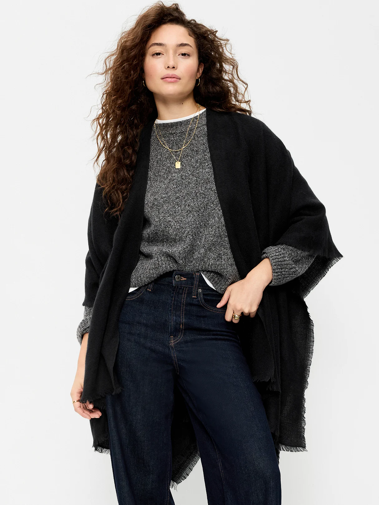 Flannel Fringe Poncho - Black Jack