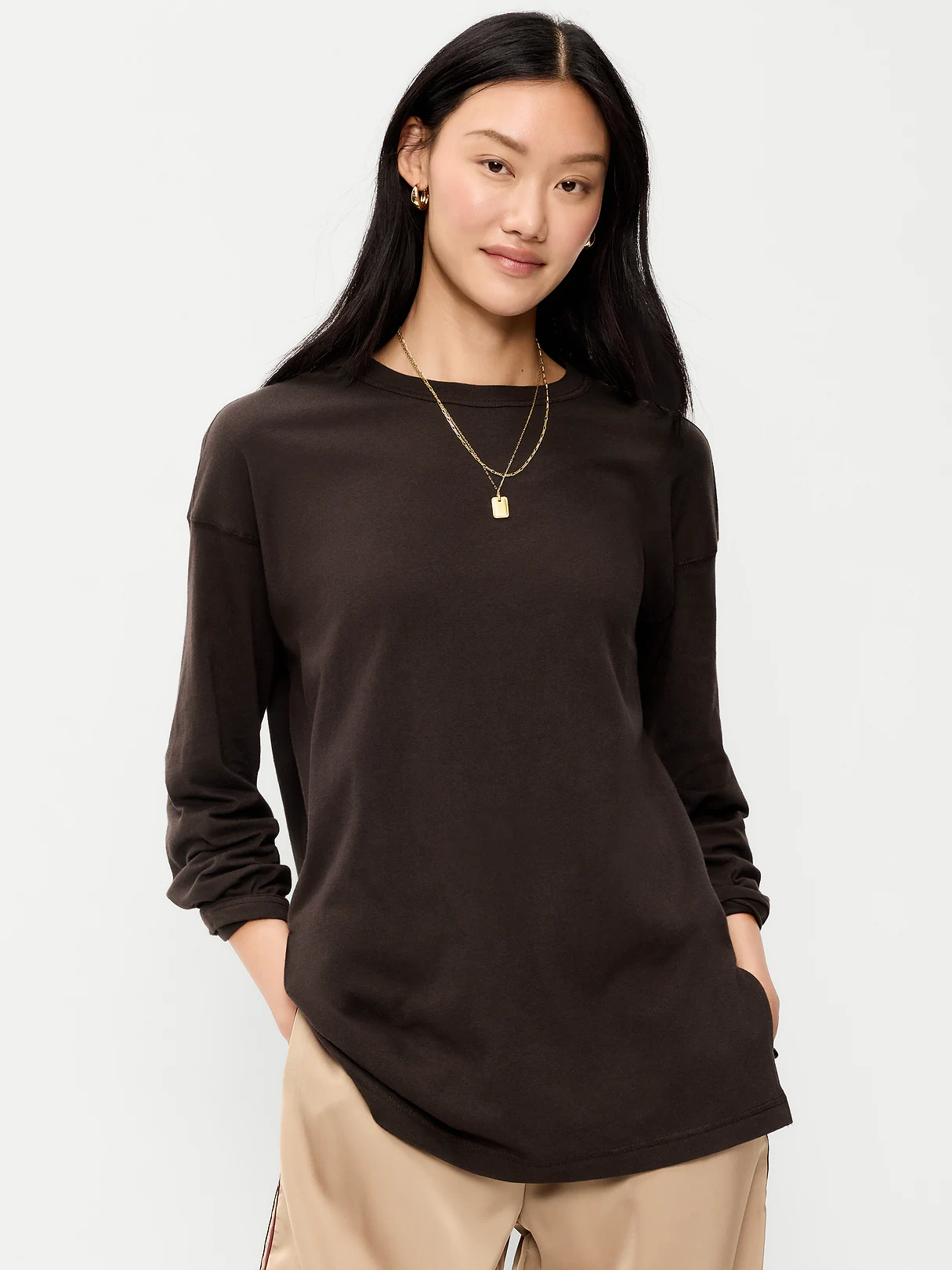 Oversized EveryWear Long-Sleeve Tunic T-Shirt - Black Coffee