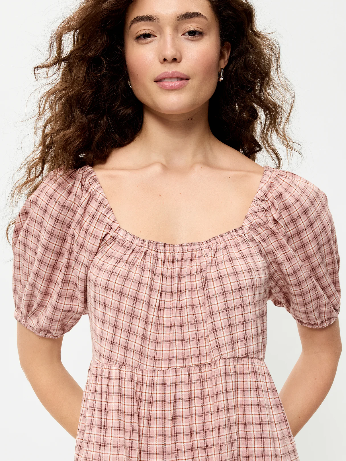 Puff-Sleeve Smocked Mini Swing Dress - Light Pink Plaid