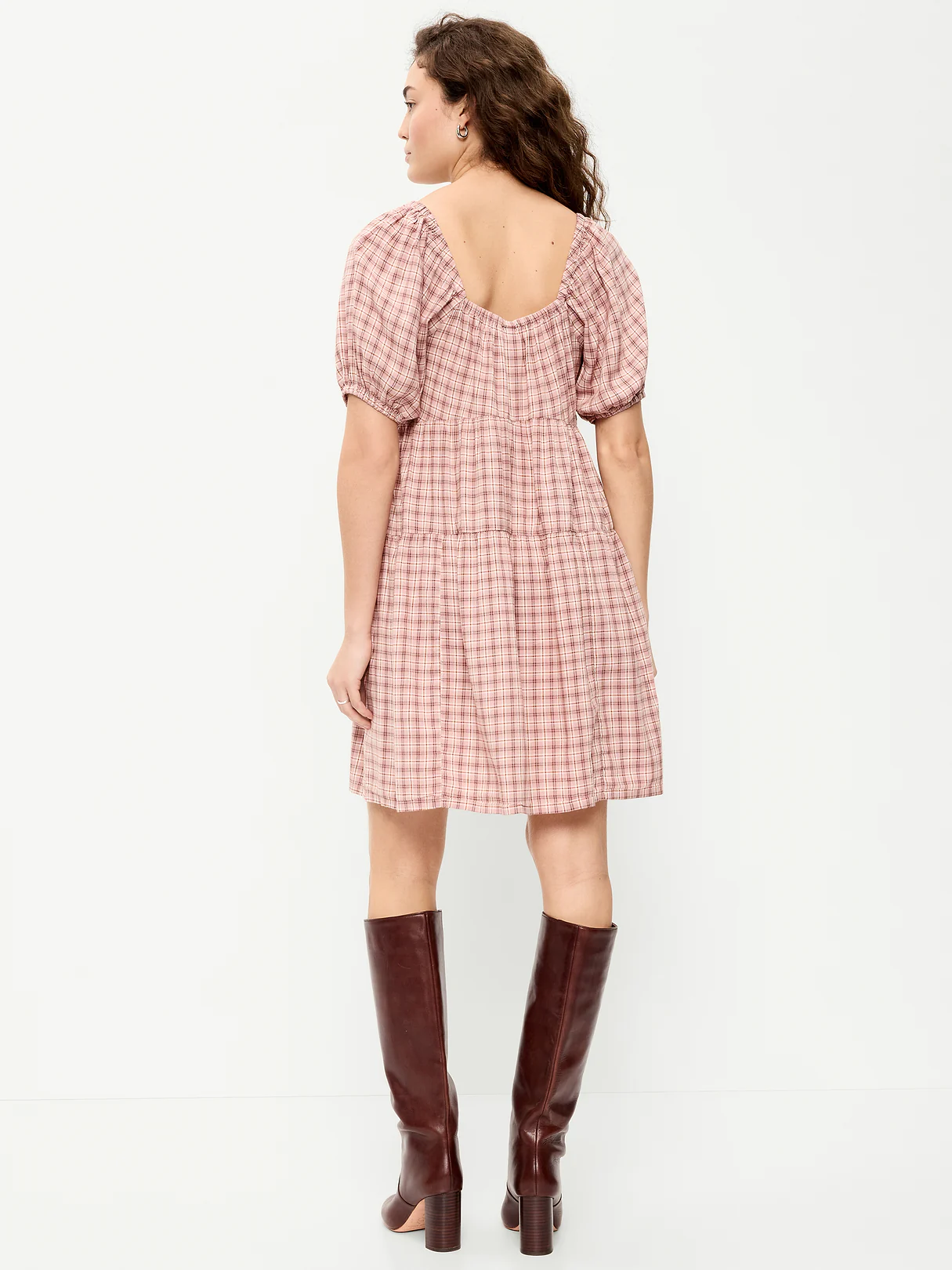 Puff-Sleeve Smocked Mini Swing Dress - Light Pink Plaid