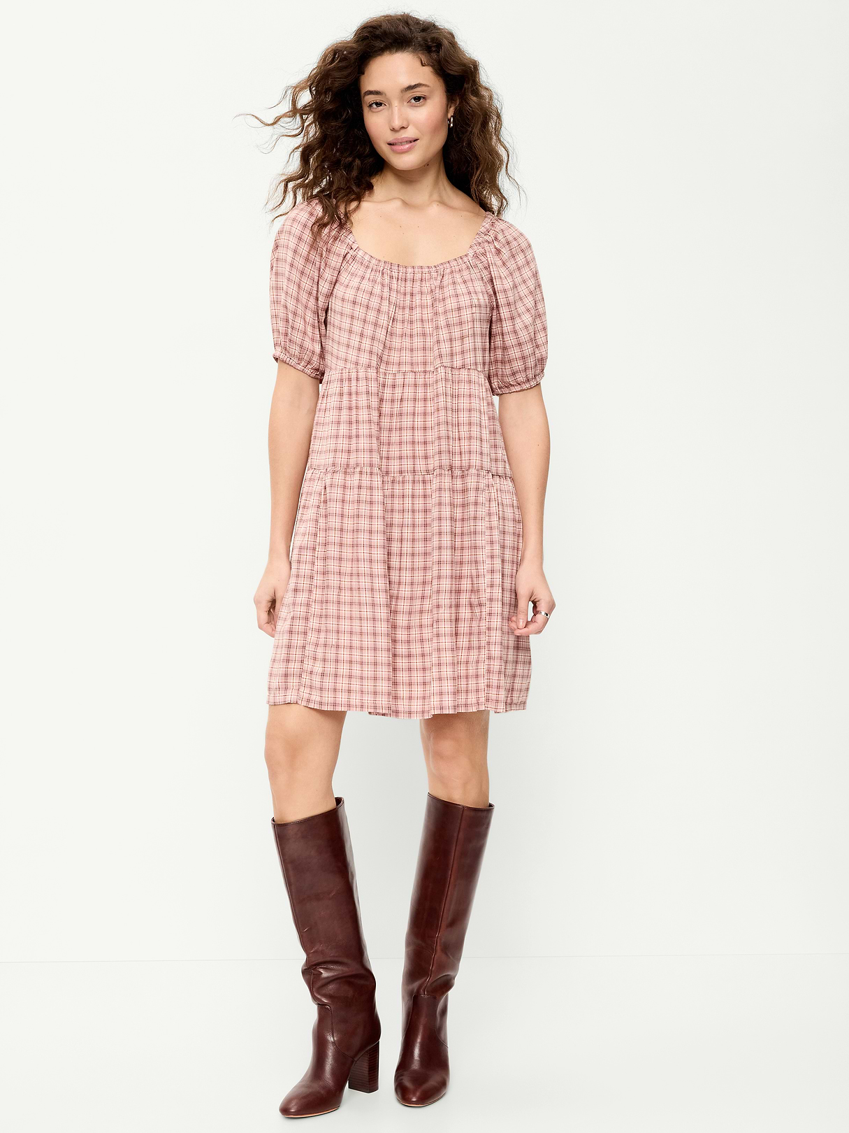 Puff-Sleeve Smocked Mini Swing Dress - Light Pink Plaid