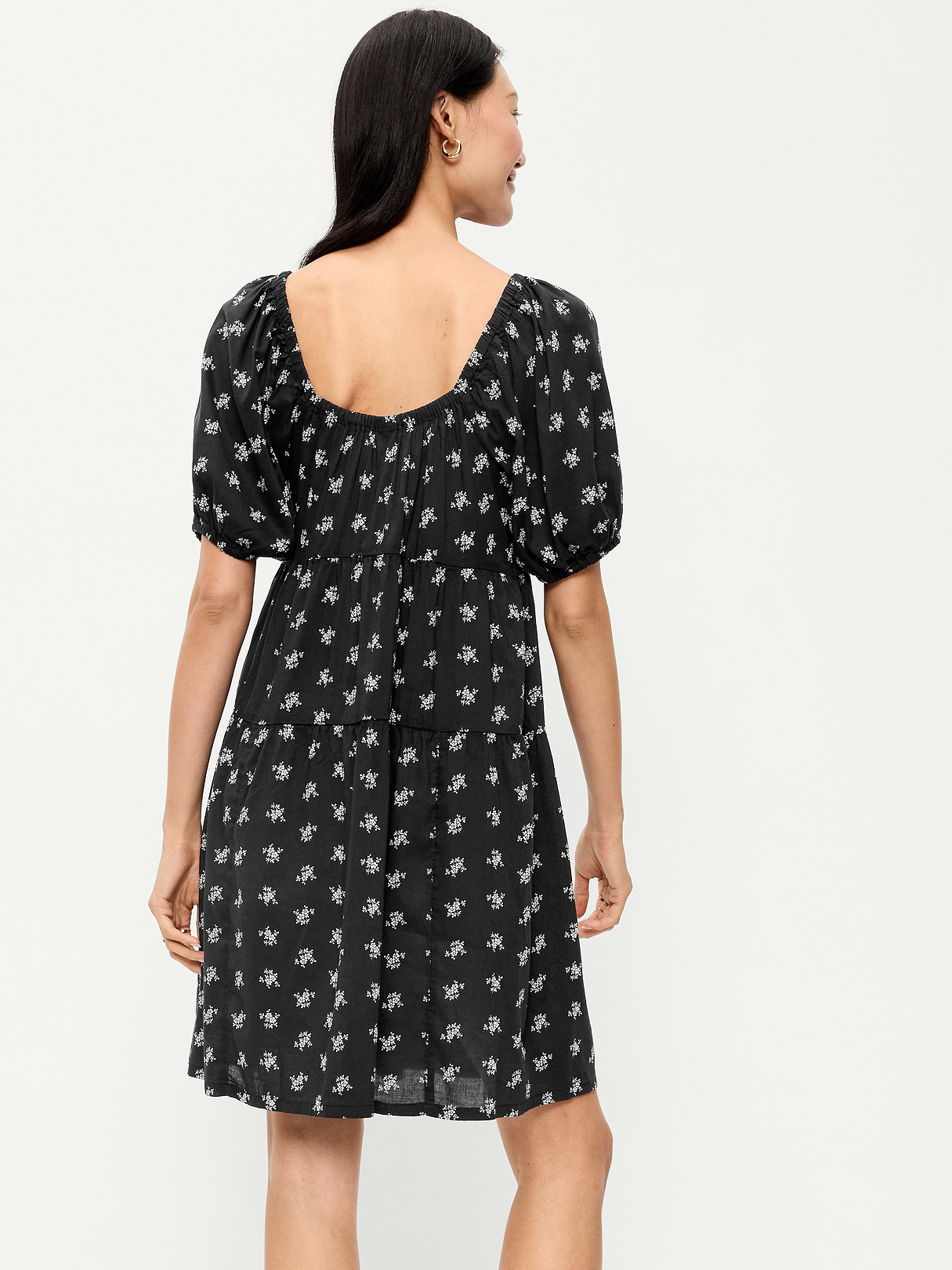 Puff-Sleeve Smocked Mini Swing Dress - Black Floral