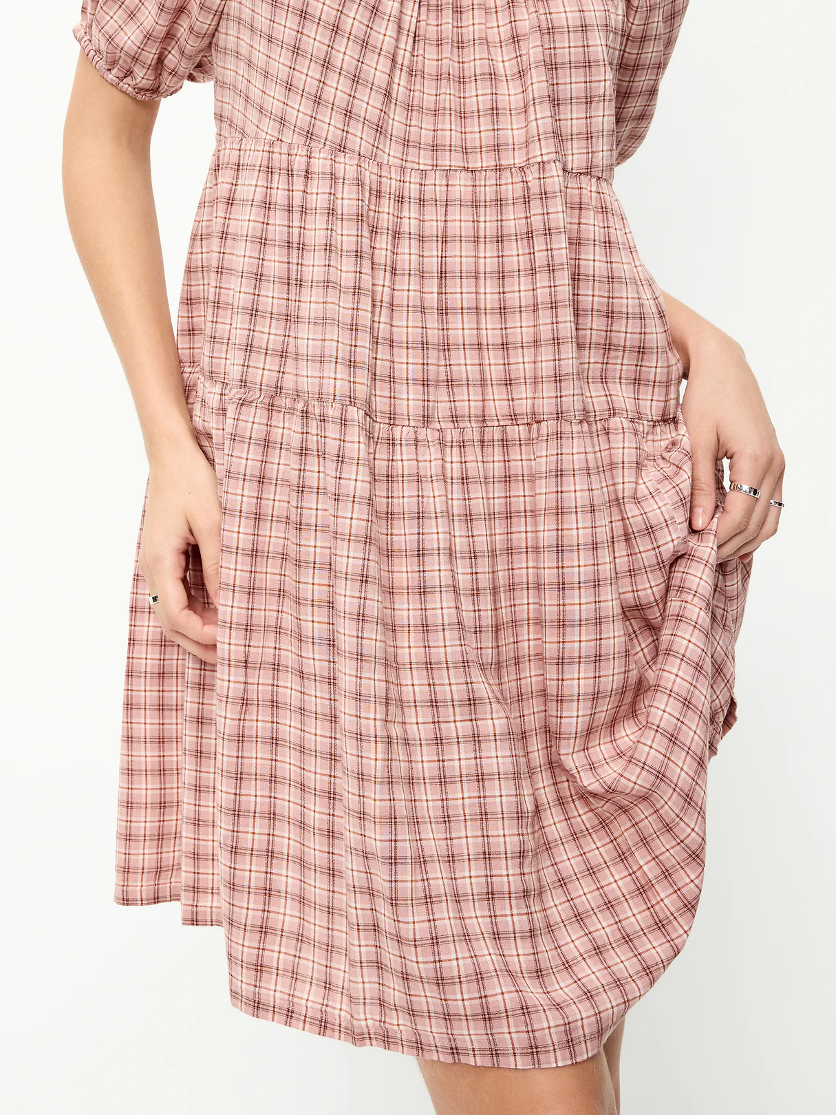 Puff-Sleeve Smocked Mini Swing Dress - Light Pink Plaid