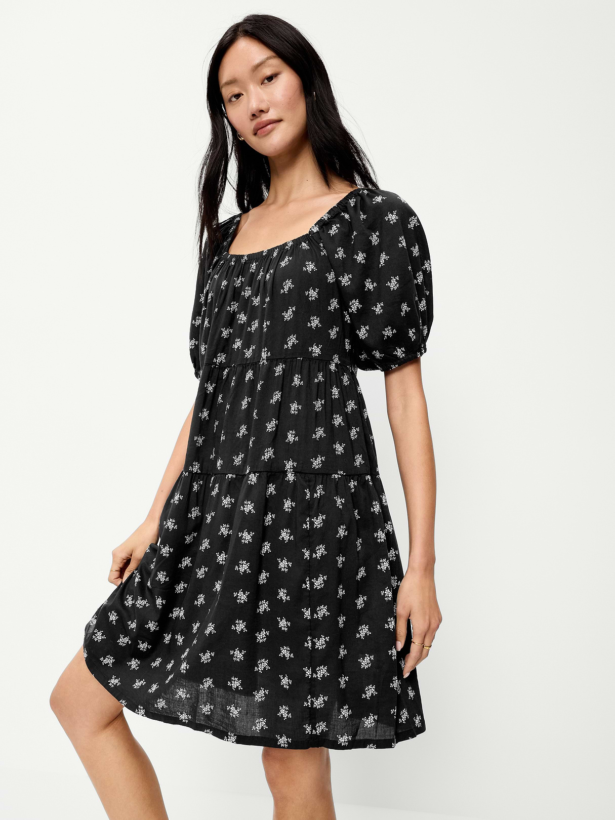 Puff-Sleeve Smocked Mini Swing Dress - Black Floral