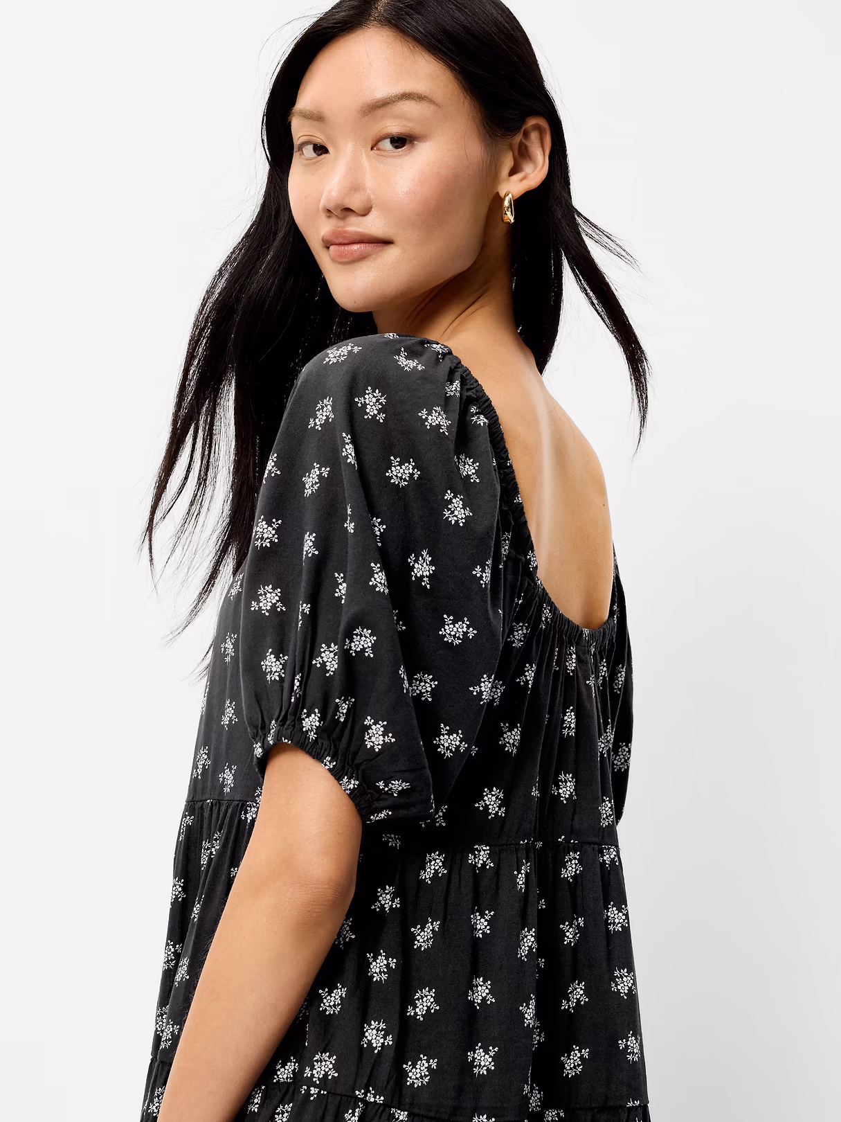 Puff-Sleeve Smocked Mini Swing Dress - Black Floral
