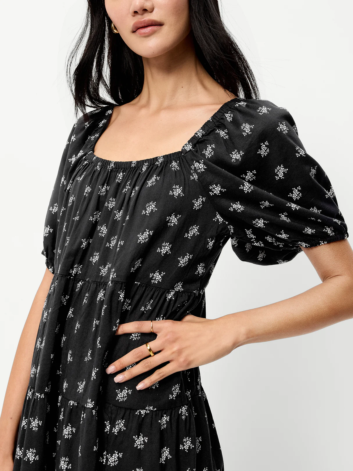 Puff-Sleeve Smocked Mini Swing Dress - Black Floral