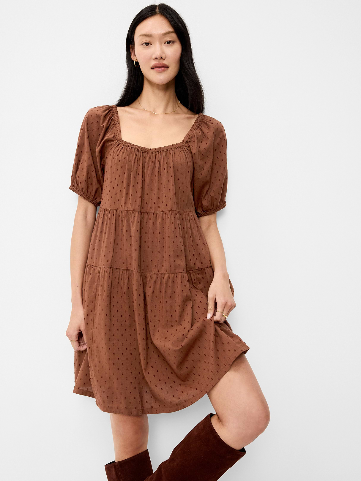 Puff-Sleeve Smocked Mini Swing Dress - Coco de mer