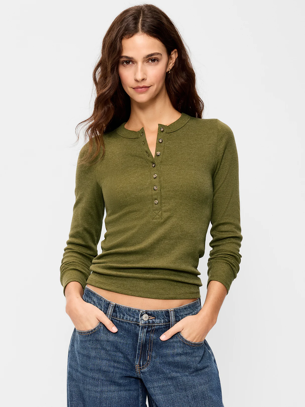 Snug Long-Sleeve Ribbed Henley T-Shirt - Avocado Oil
