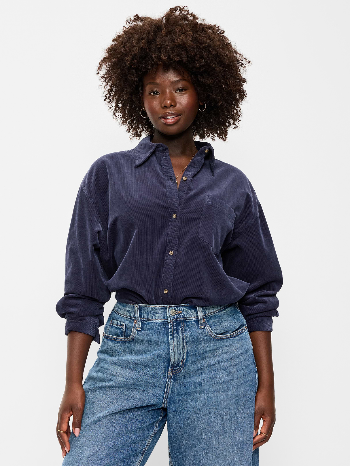 Oversized Boyfriend Button-Down Corduroy Shirt - Volcanic Glass