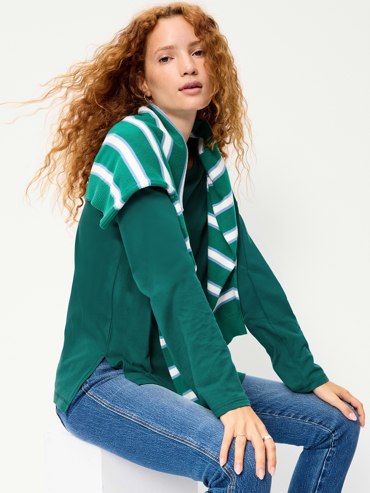 Oversized EveryWear Long-Sleeve Tunic T-Shirt - Deep Lagoon