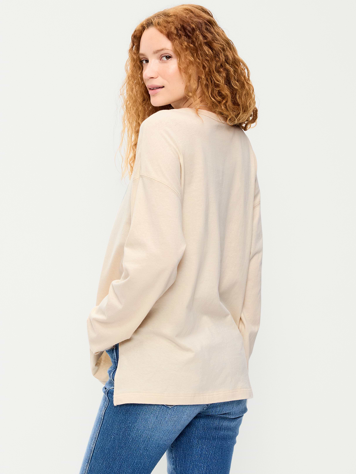 Oversized EveryWear Long-Sleeve Tunic T-Shirt - Wish Bone