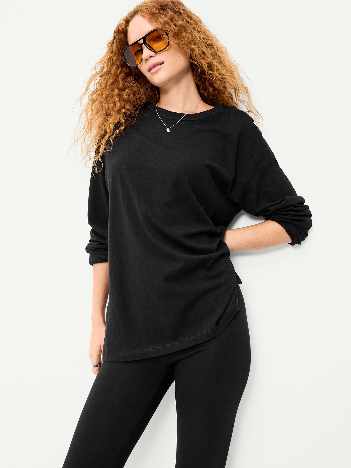 Oversized EveryWear Long-Sleeve Tunic T-Shirt - Black Jack