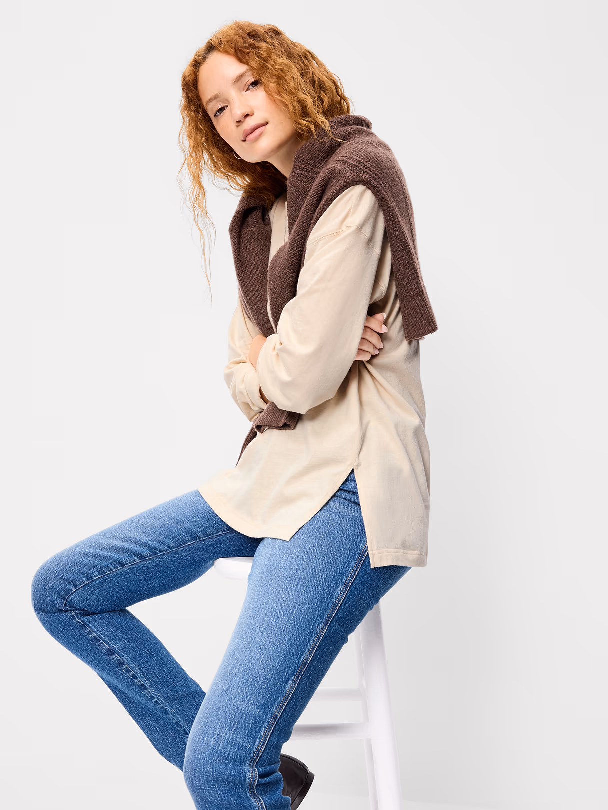 Oversized EveryWear Long-Sleeve Tunic T-Shirt - Wish Bone