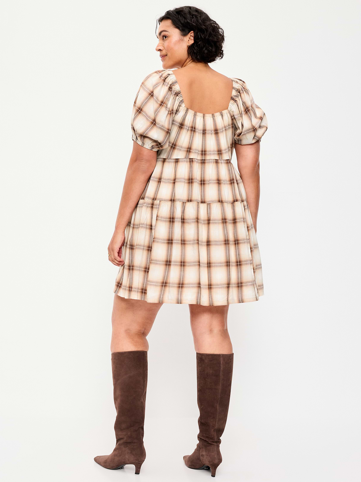 Puff-Sleeve Smocked Mini Swing Dress - Cream/Brown Plaid