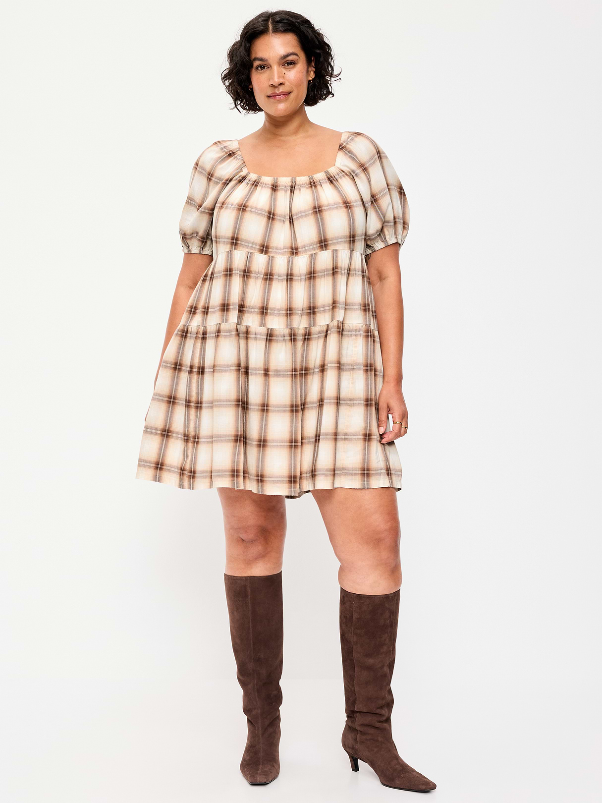 Puff-Sleeve Smocked Mini Swing Dress - Cream/Brown Plaid