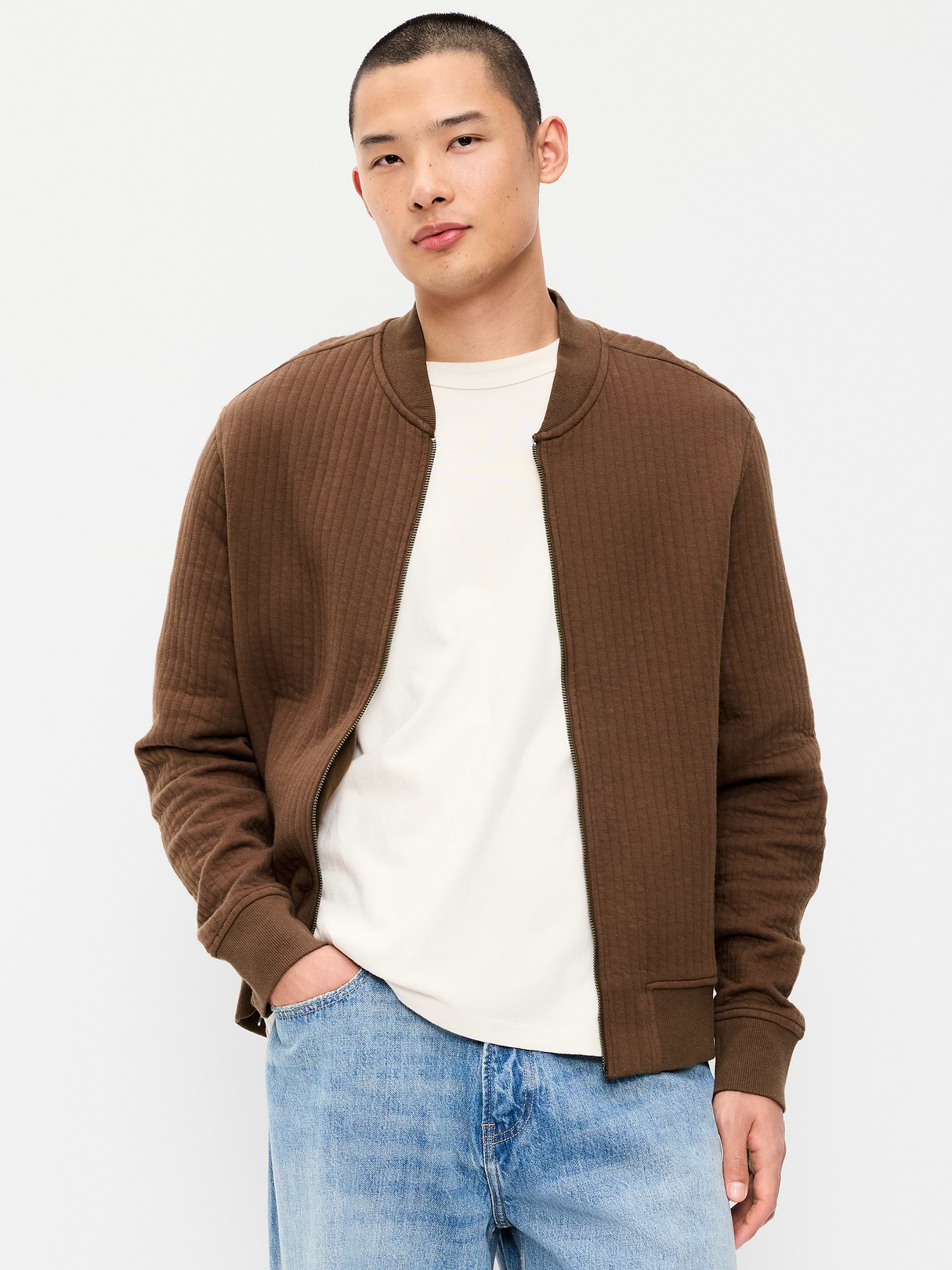 Quilted Fleece Bomber Jacket - Dark Walnut