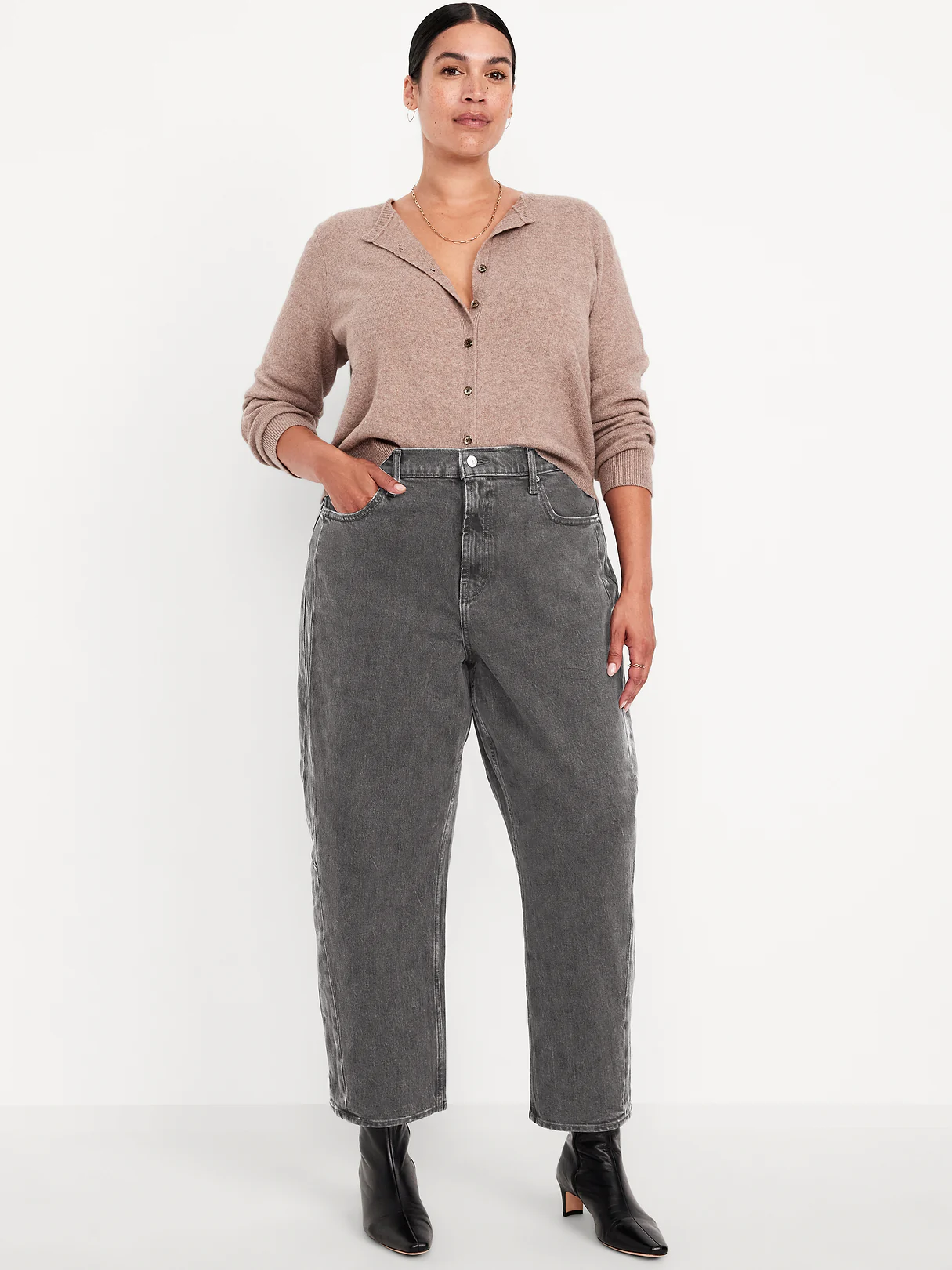 High-Waisted Baggy Barrel Ankle Jeans - Gray Wash