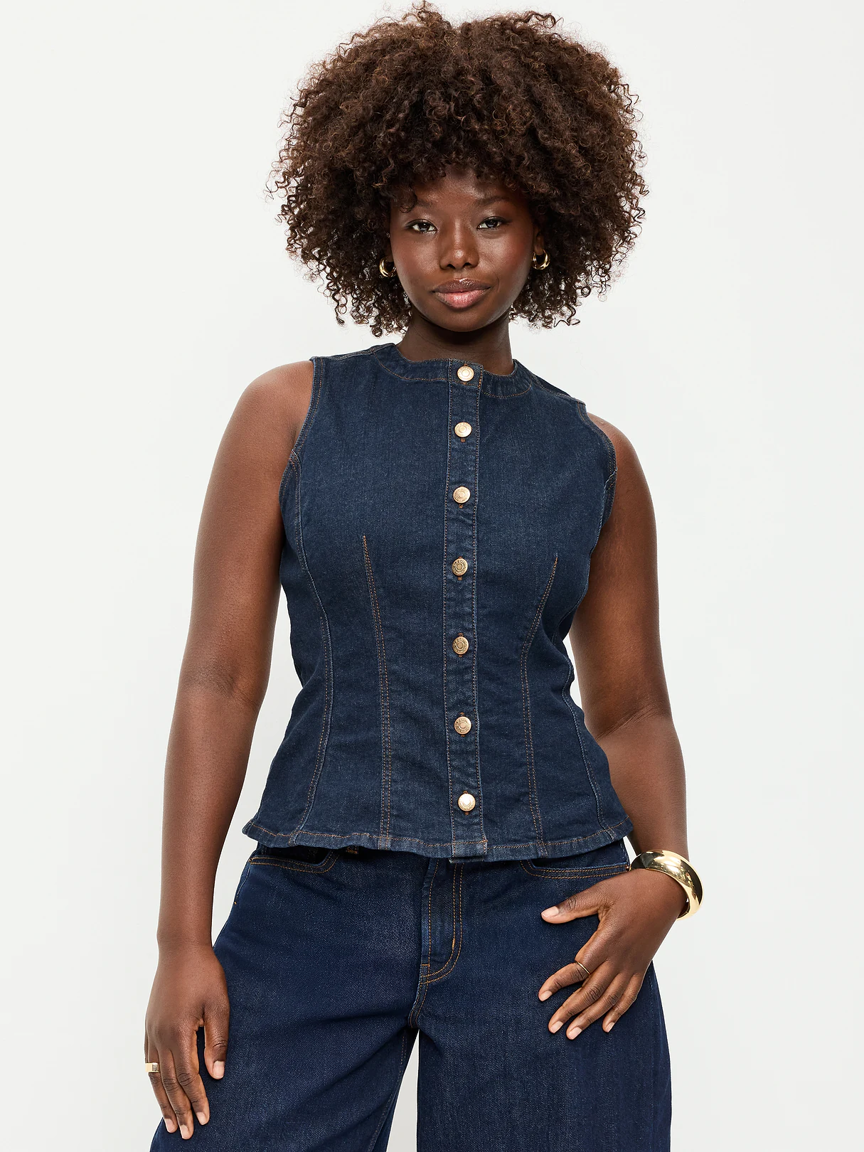 Fitted Sleeveless Button-Front Top - Dark Wash