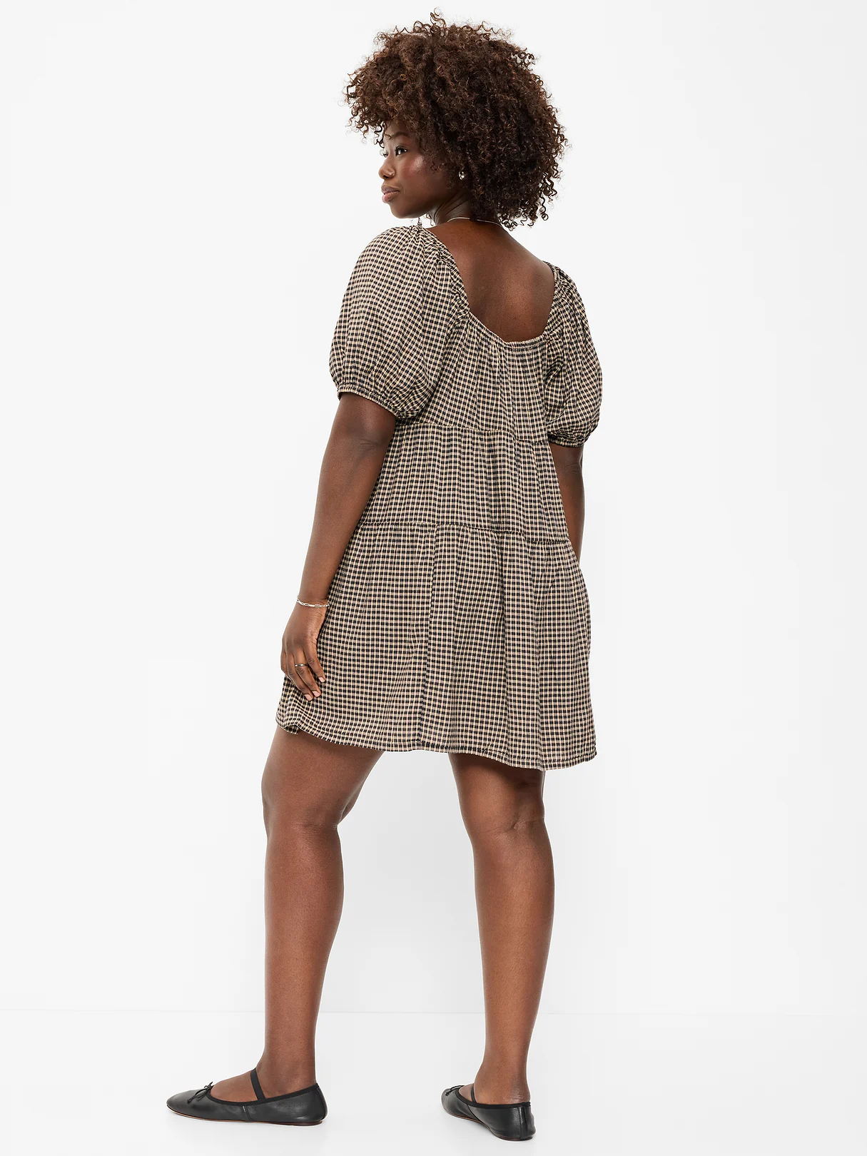 Puff-Sleeve Smocked Mini Swing Dress - Black/Black Gingham