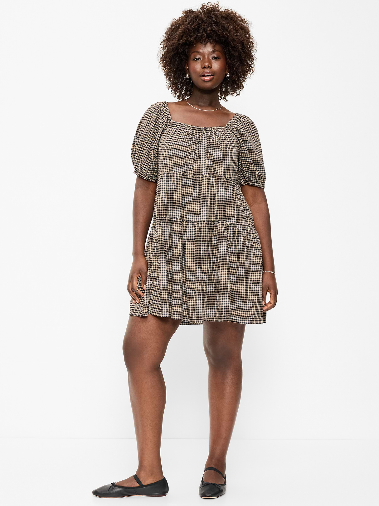 Puff-Sleeve Smocked Mini Swing Dress - Black/Black Gingham