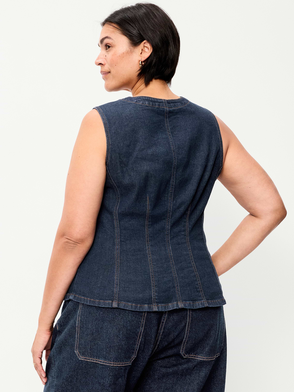 Fitted Sleeveless Button-Front Top - Dark Wash
