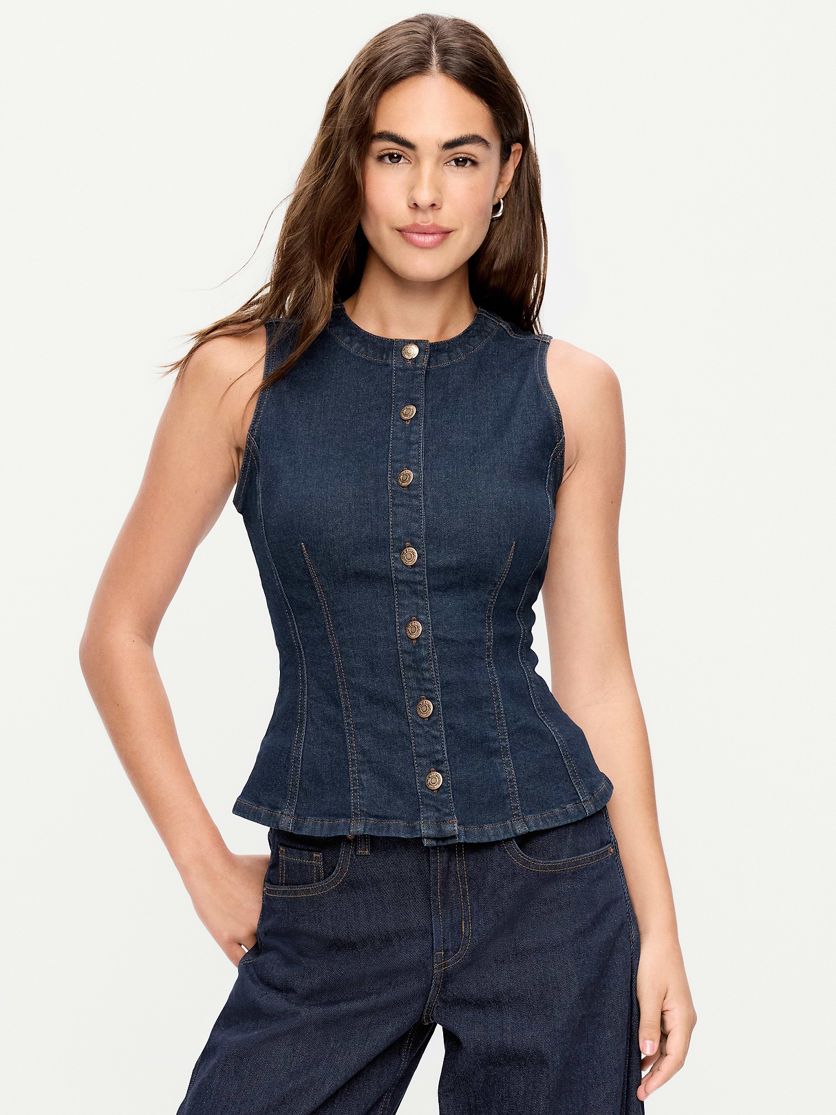 Fitted Sleeveless Button-Front Top - Dark Wash