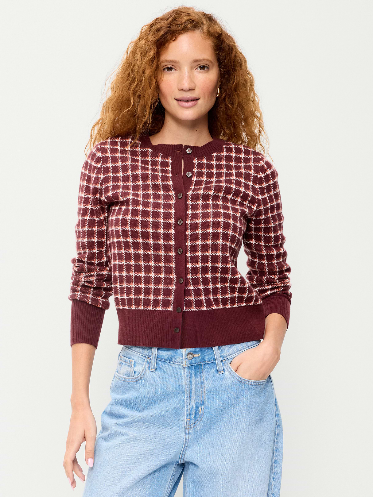 SoSoft Cropped Crew-Neck Cardigan - Red Plaid