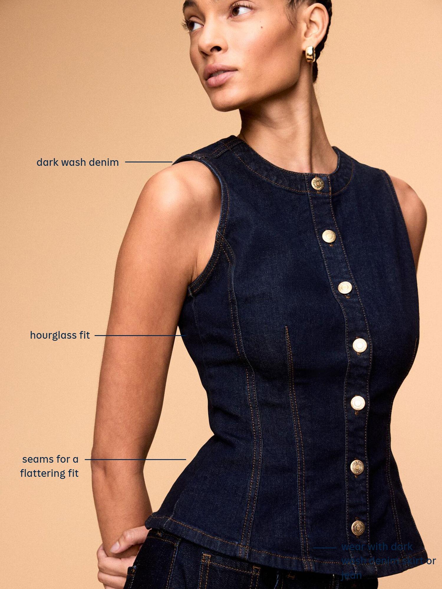 Fitted Sleeveless Button-Front Top - Dark Wash