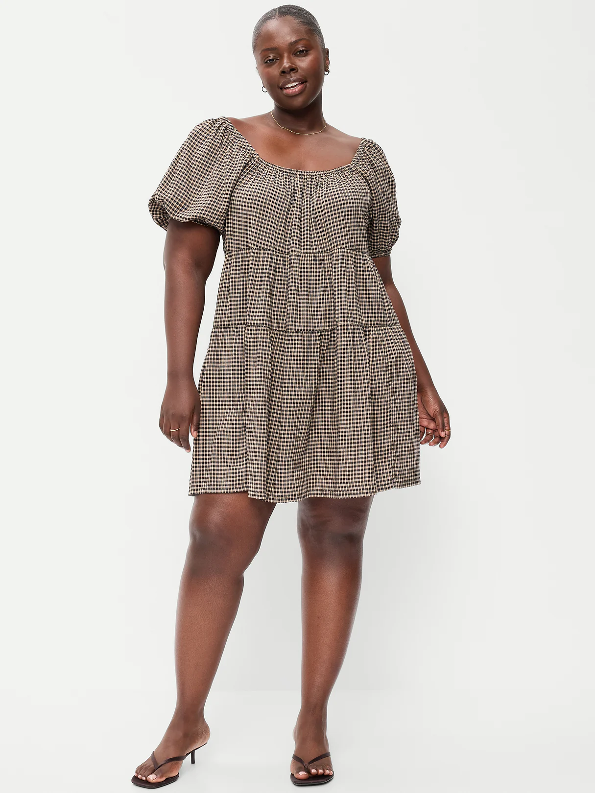 Puff-Sleeve Smocked Mini Swing Dress - Black/Black Gingham