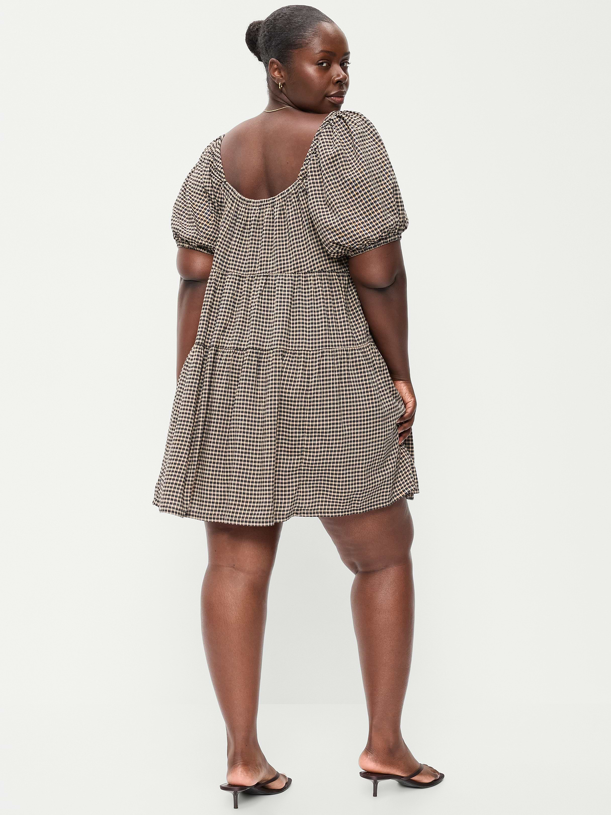 Puff-Sleeve Smocked Mini Swing Dress - Black/Black Gingham