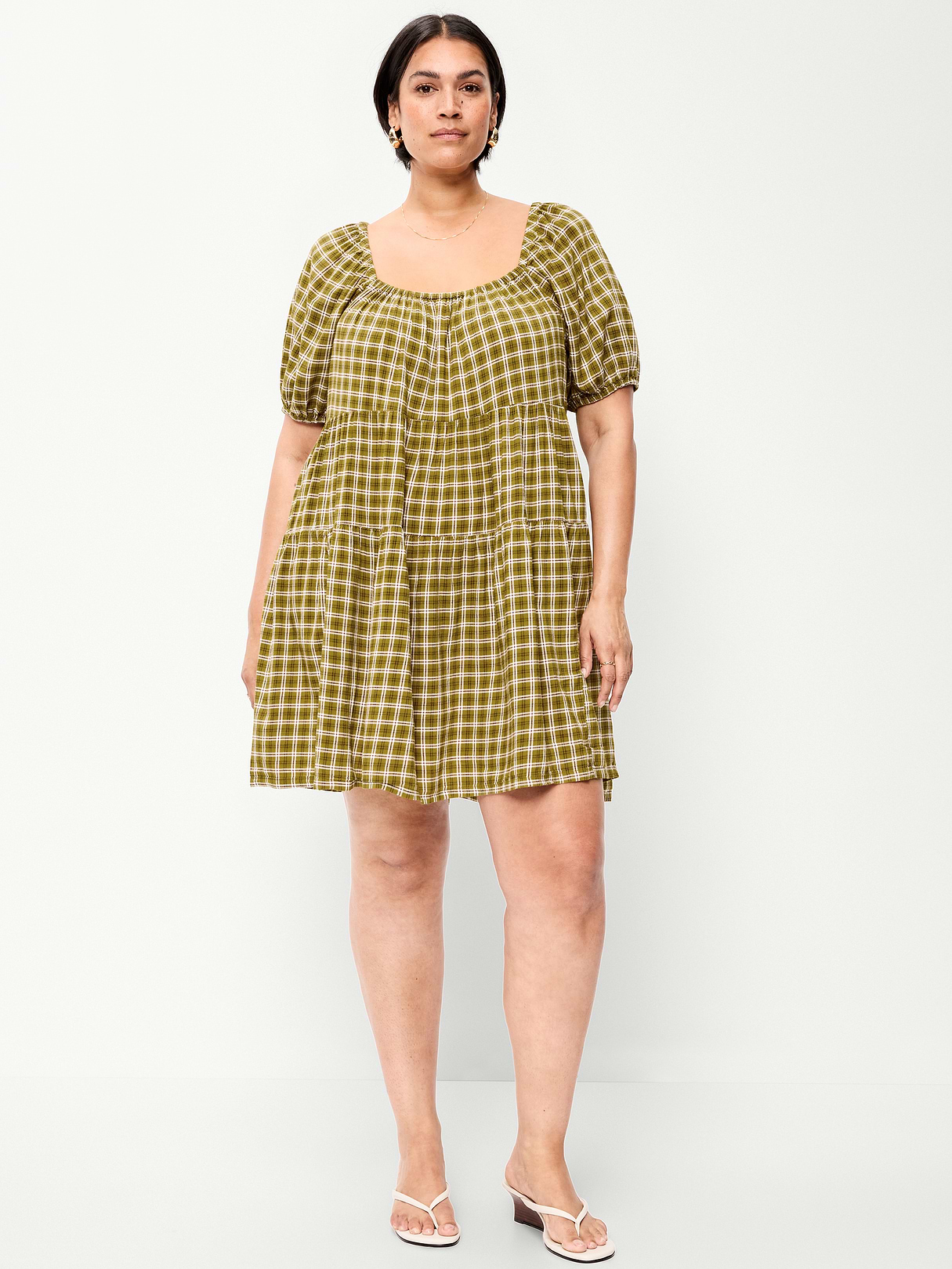 Puff-Sleeve Smocked Mini Swing Dress - Green Plaid
