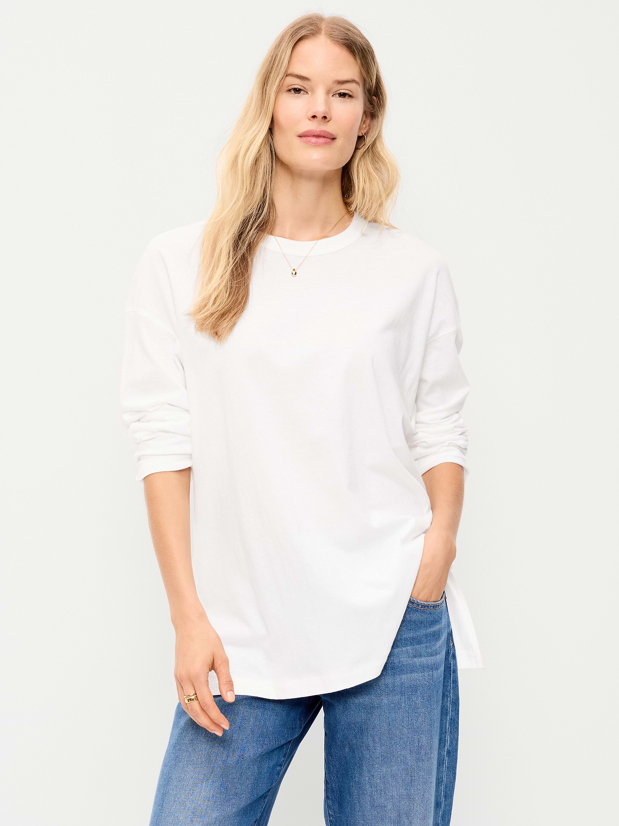 Oversized EveryWear Long-Sleeve Tunic T-Shirt - White Lilies