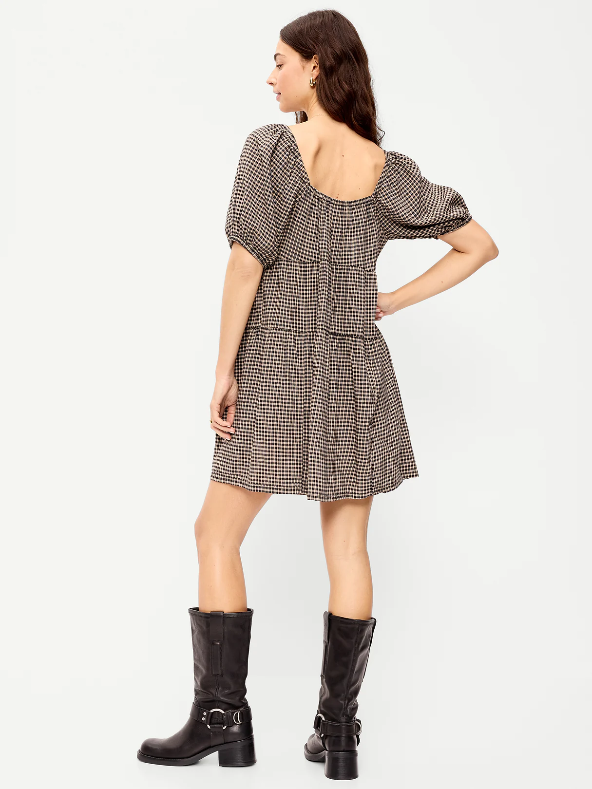 Puff-Sleeve Smocked Mini Swing Dress - Black/Black Gingham