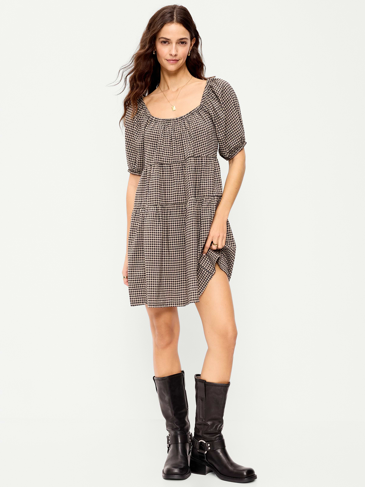 Puff-Sleeve Smocked Mini Swing Dress - Black/Black Gingham