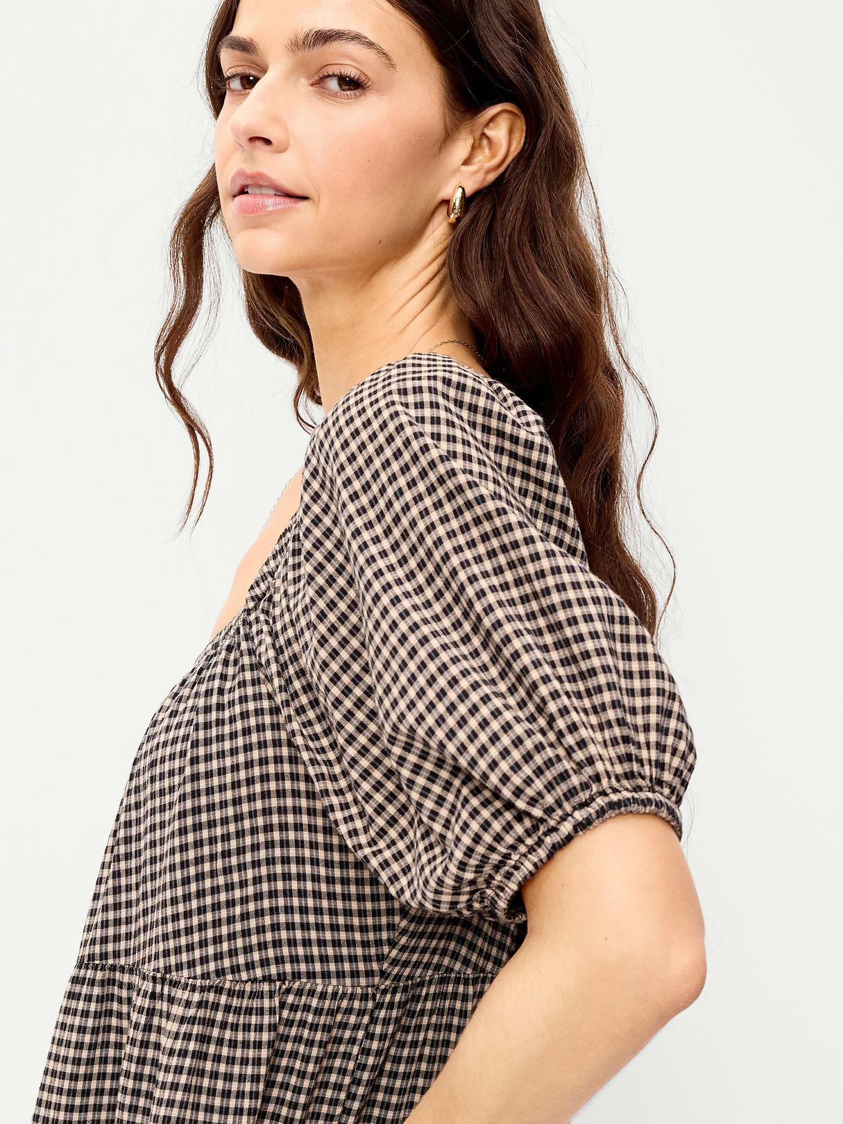 Puff-Sleeve Smocked Mini Swing Dress - Black/Black Gingham