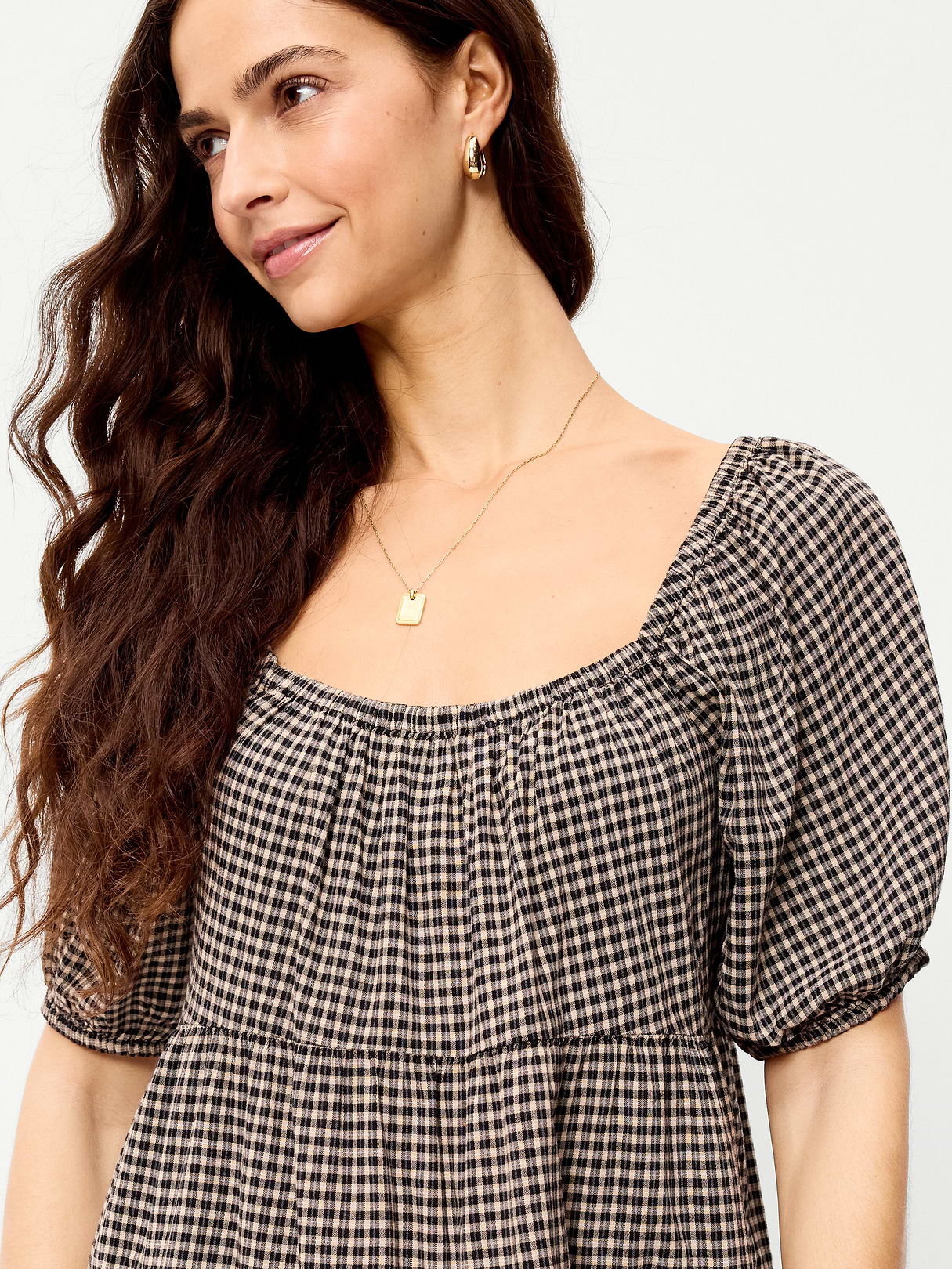 Puff-Sleeve Smocked Mini Swing Dress - Black/Black Gingham