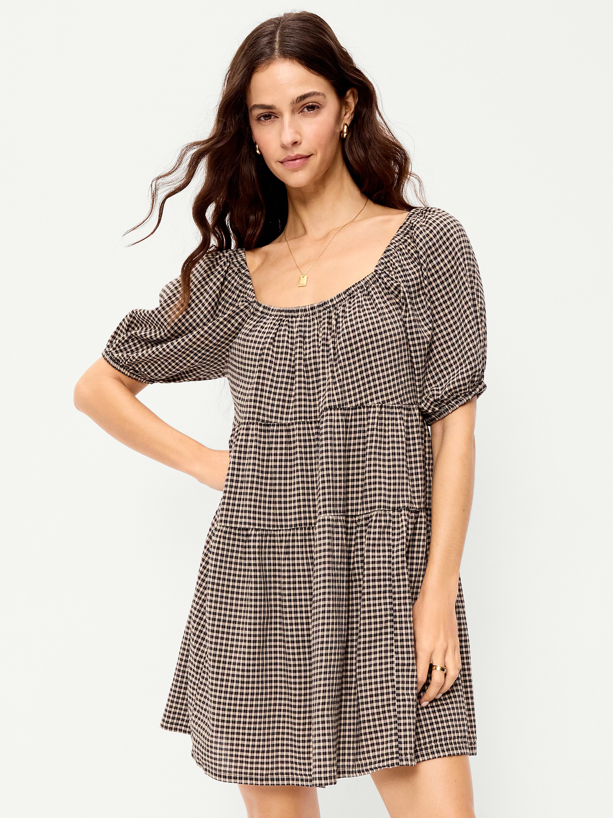 Puff-Sleeve Smocked Mini Swing Dress - Black/Black Gingham