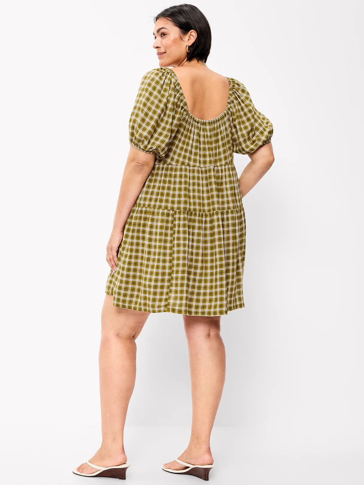 Puff-Sleeve Smocked Mini Swing Dress - Green Plaid