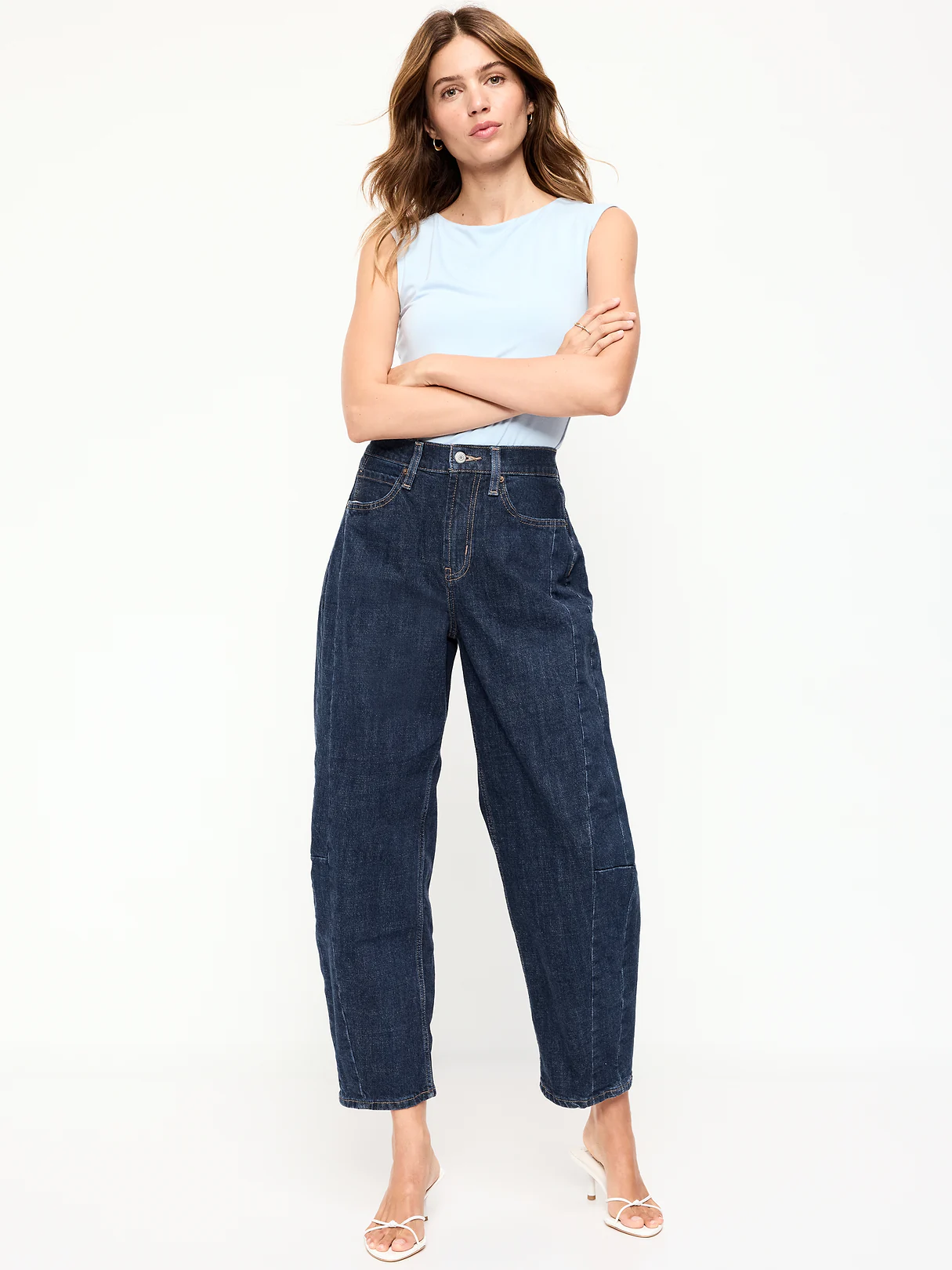 High-Waisted Baggy Barrel Ankle Jeans - Dark Wash