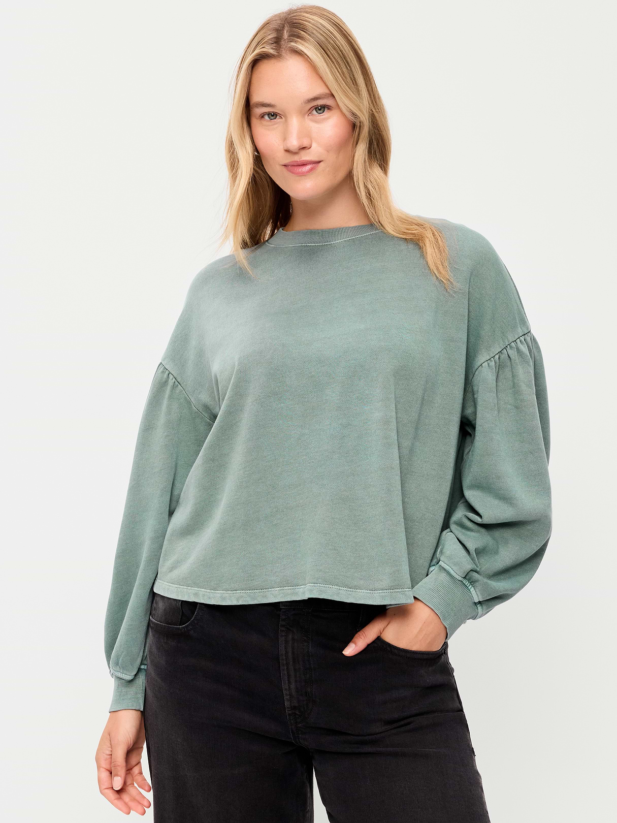 SoComfy Oversized Puff-Sleeve Cropped Sweatshirt - Cavernous