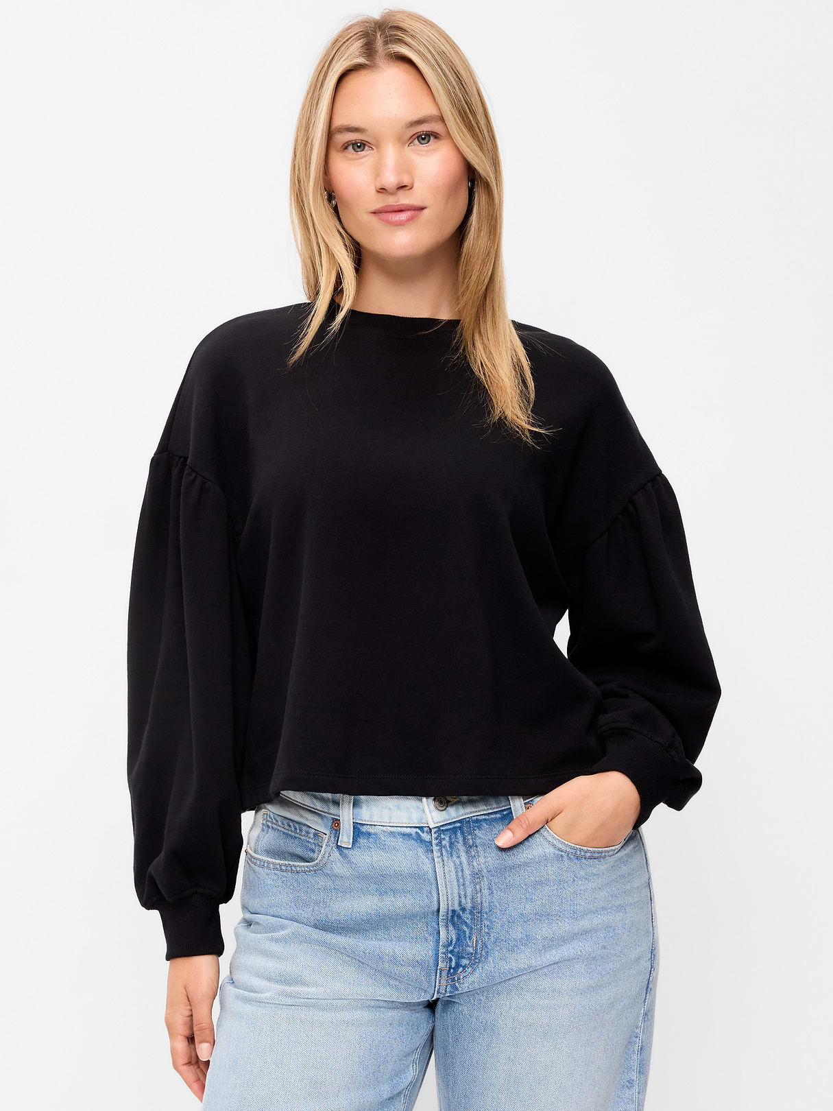 SoComfy Oversized Puff-Sleeve Cropped Sweatshirt - Black Jack