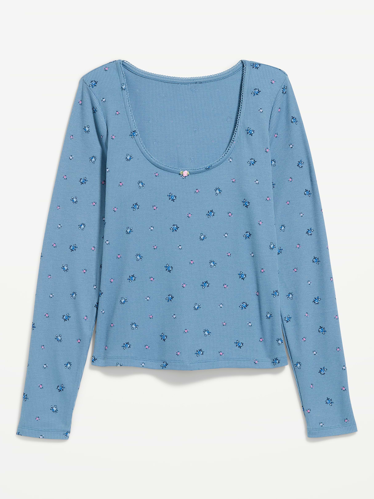 Waffle-Textured Long-Sleeve Pajama Top - Blue Ditsy Floral