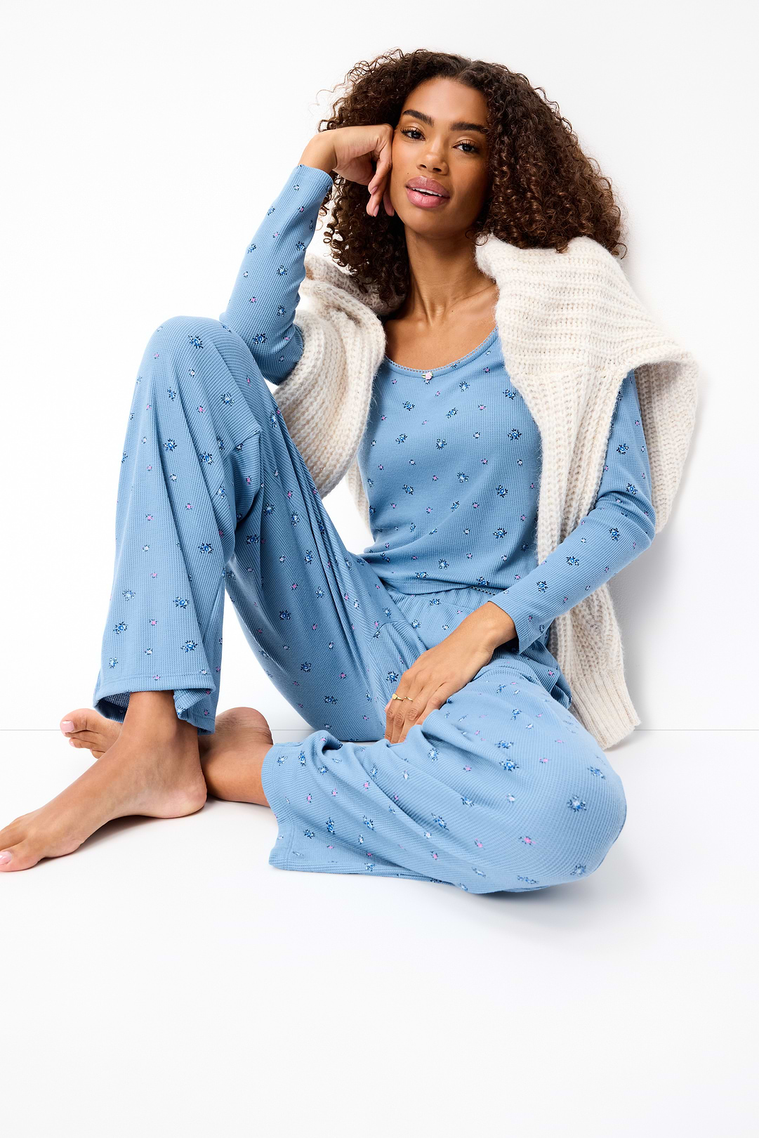 Waffle-Textured Long-Sleeve Pajama Top - Blue Ditsy Floral