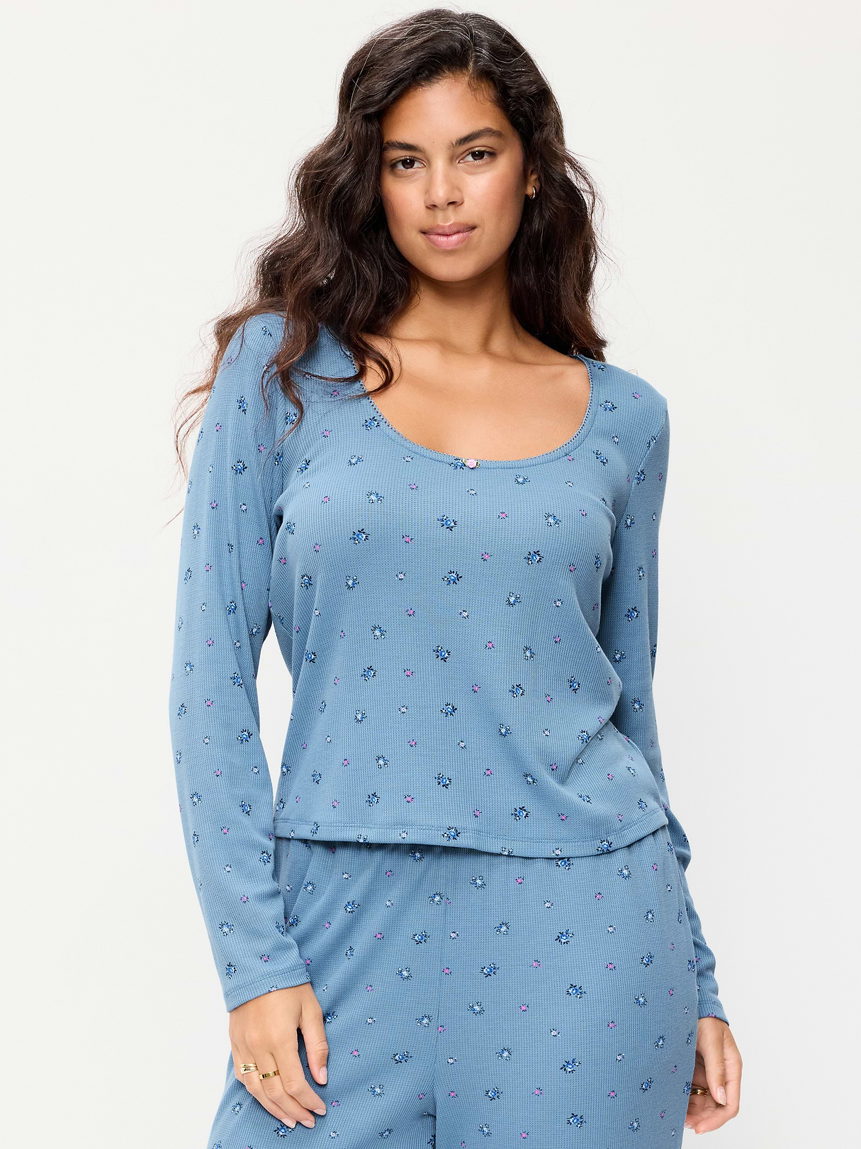 Waffle-Textured Long-Sleeve Pajama Top - Blue Ditsy Floral