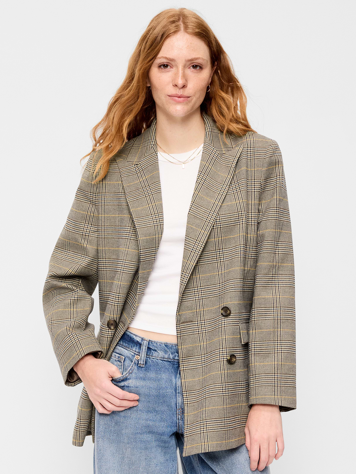 Oversized Twill Double-Breasted Blazer - Plaid