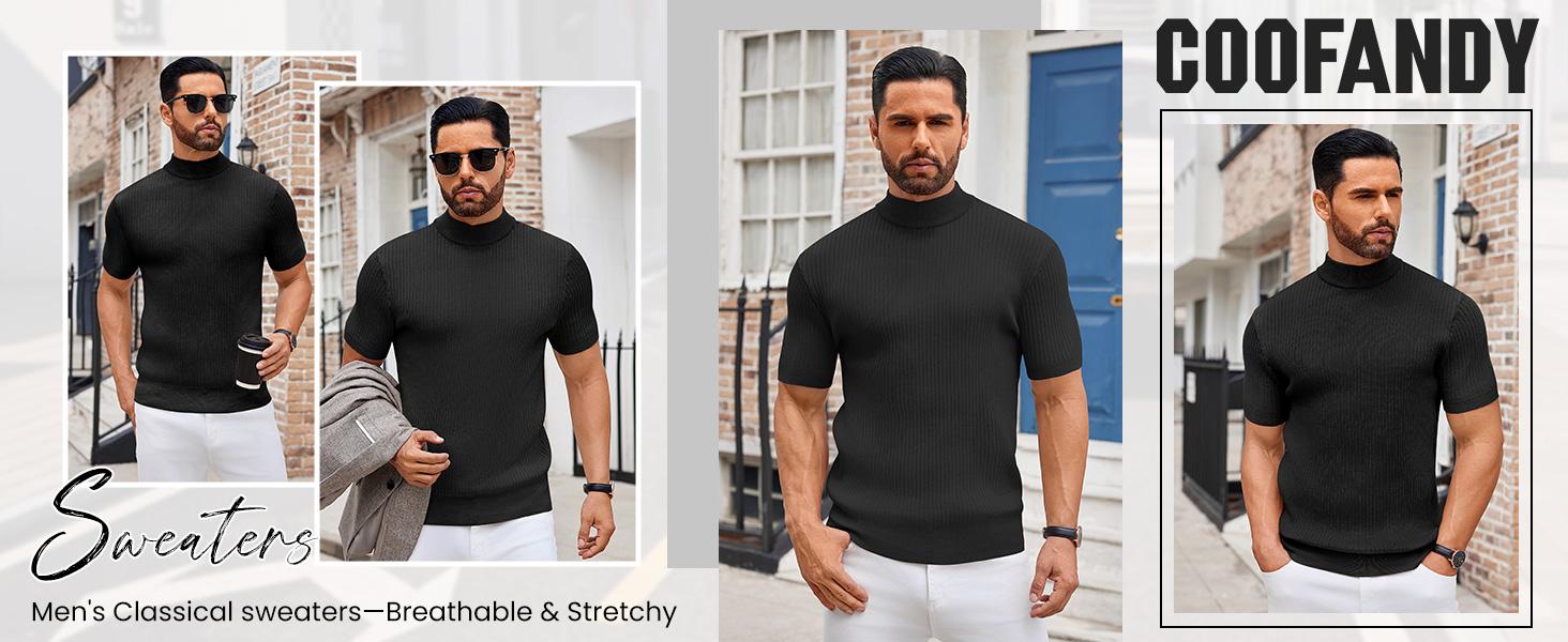 COOFANDY Men's Mock Turtleneck Sweater Short Sleeve Casual Basic Tops Ribbed Knit Pullover Solid Tee
