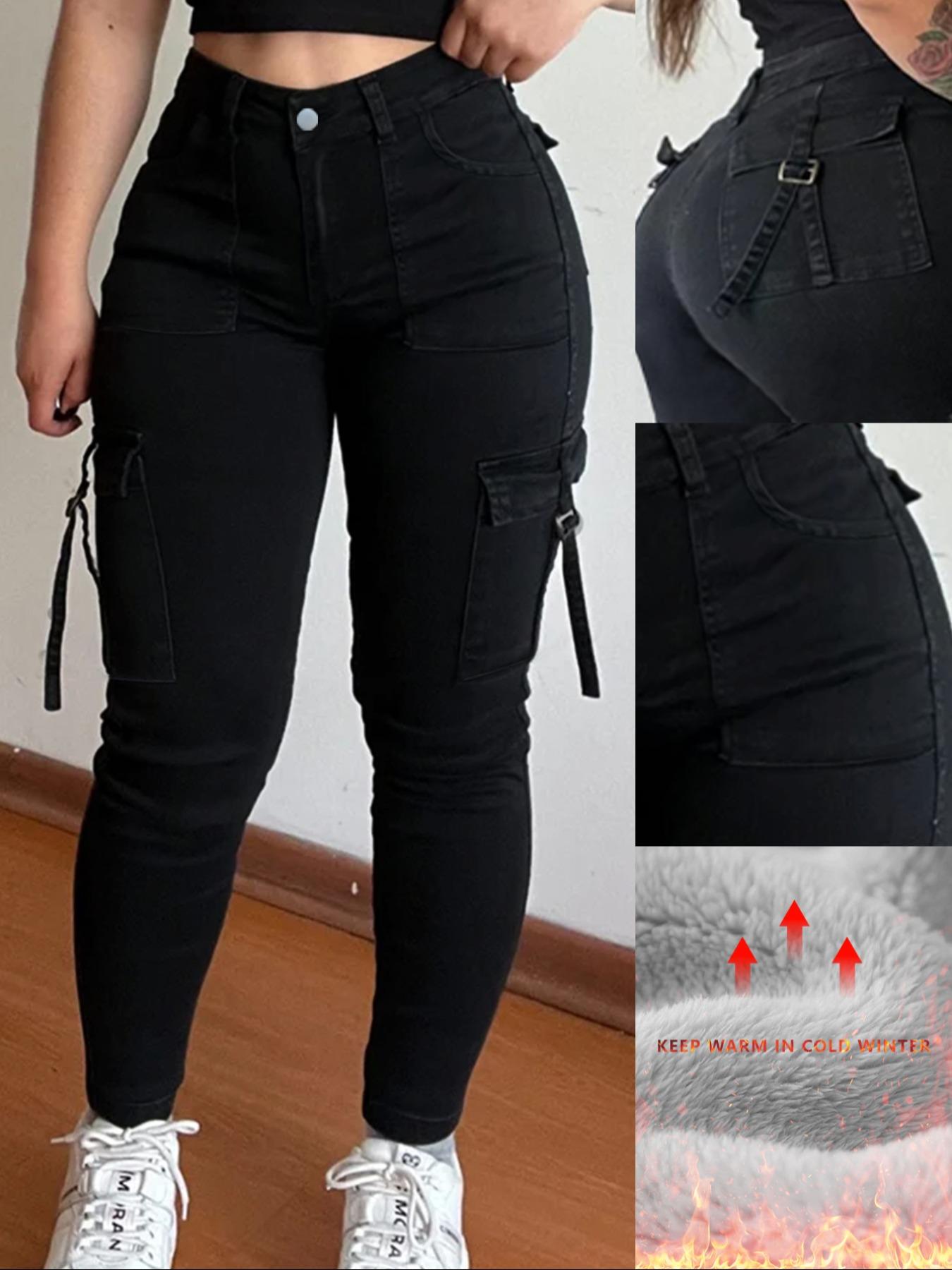 Women's Plain Multi-pocket Denim Elastic Slim Fit Button Cargo Pants, Casual Street Trousers for Everyday Wear, Ladies' Bottoms for All Seasons, Jeans with Pockets, Womenswear