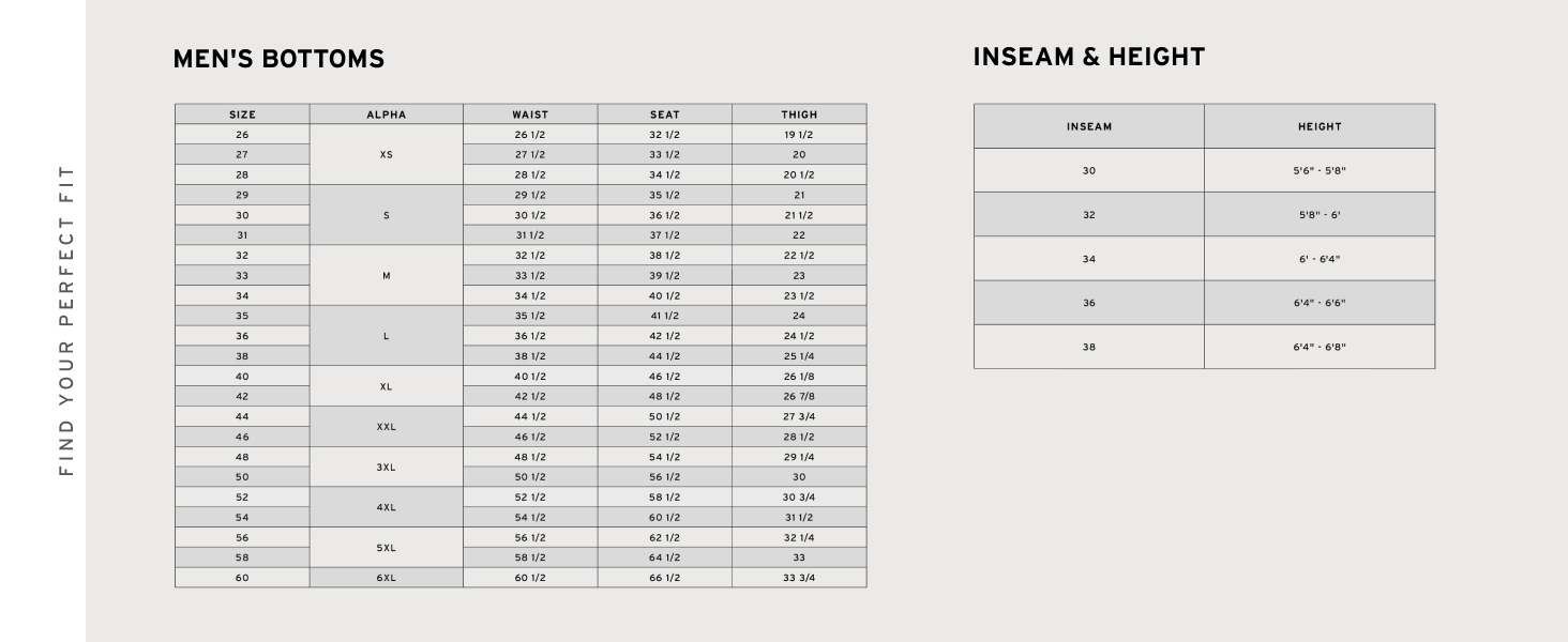 Men's bottoms. Inseam &amp; Height