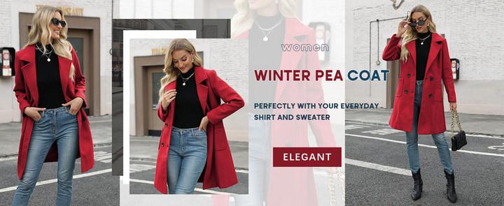 SCUSTY Women Winter Wool Blend Camel Mid-Long Coat Notch Double-Breasted Lapel Jacket Outwear