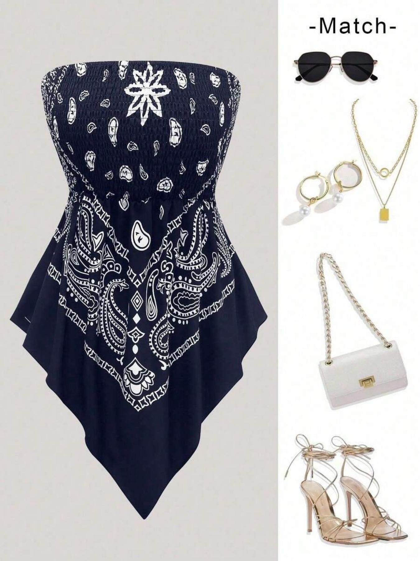 Plus Size Women's Ethnic Print Strapless Top, Bohemian Style Asymmetrical Hem Tube Top, Casual Summer Fashion Top Fit